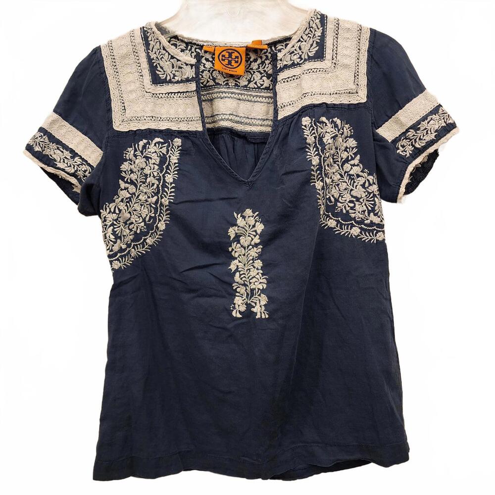 Tory Burch blue cotton blouse with white embroidered floral size 2